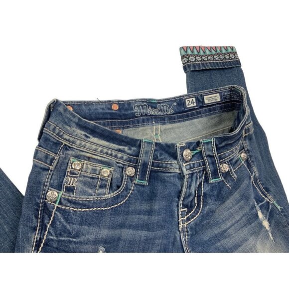 Miss Me Cropped Jeans Sz 24 Aztec Embroidered Cuff Bling Pockets - Picture 4 of 5
